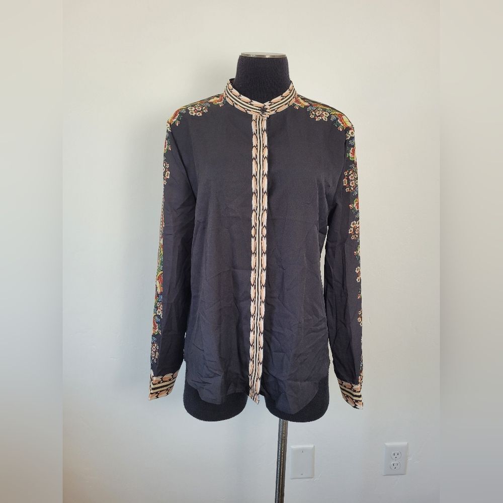 NEW Black Floral Abstract Blouse Top Asian Office Career Boho Indie Oriental 14 - Picture 2 of 12